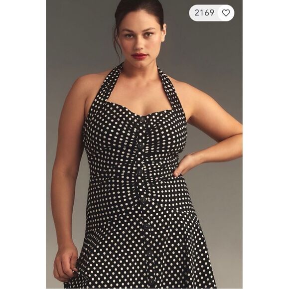 NEW Anthropologie Maeve Black Polka Dot Halter Ruched High Low Dress Plus 22W - Picture 1 of 9